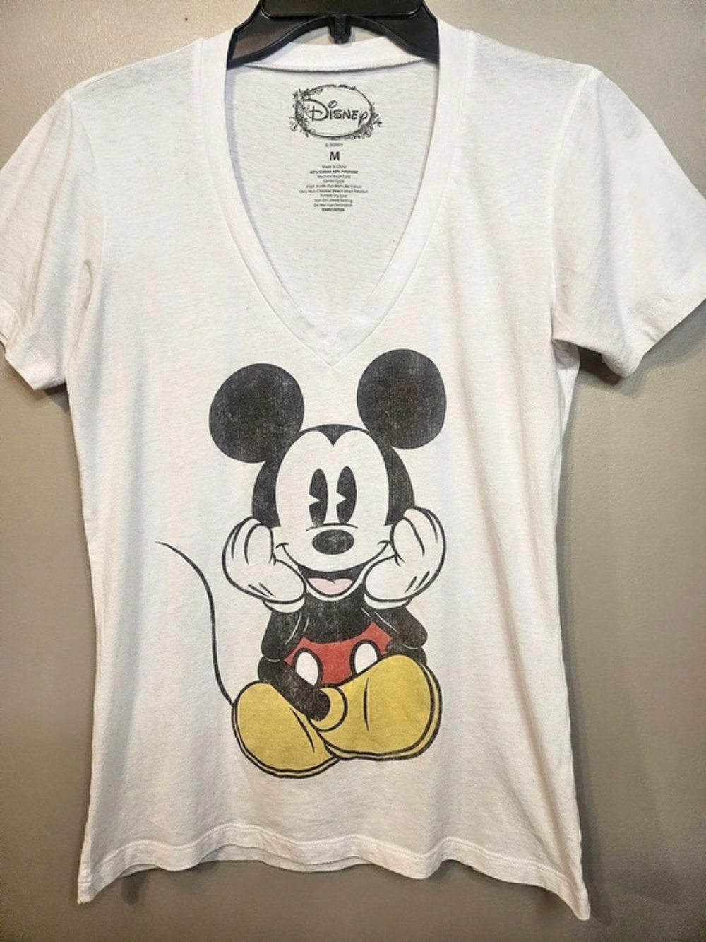 Disney Mickey Mouse Graphic V-Neck Tee White Medium